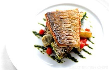 Griddled South Coast sea bass with Provençal vegetables and basil oil
