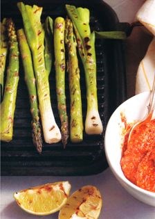 Griddled spring onions and asparagus with a romesco sauce