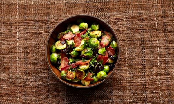 Griddled sprouts with bacon and prunes