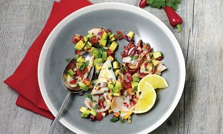 Griddled squid with avocado and tomato salsa