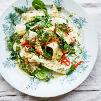 Griddled squid with dill, chilli and tahini dressing