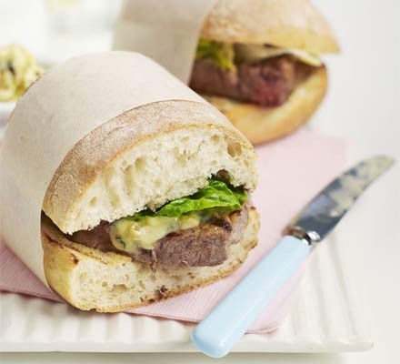 Griddled steak sandwich with olive and caper butter