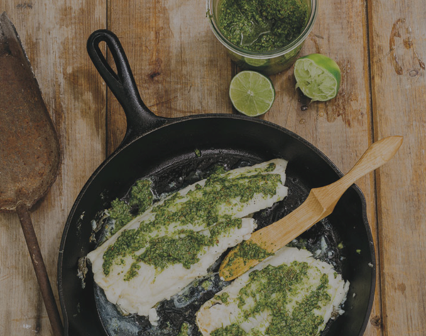 Griddled striped bass with parsley-cilantro pesto