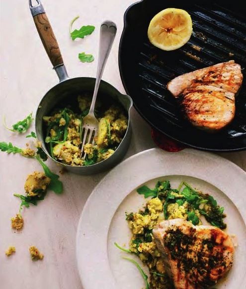 Griddled swordfish steak with chermoula potato salad