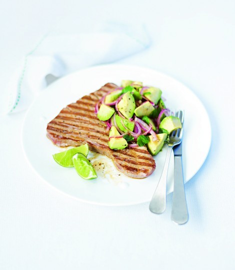 Griddled tuna steaks with avocado and red onion salsa