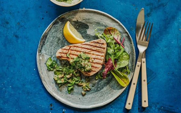 Griddled tuna steaks with parsley and caper sauce