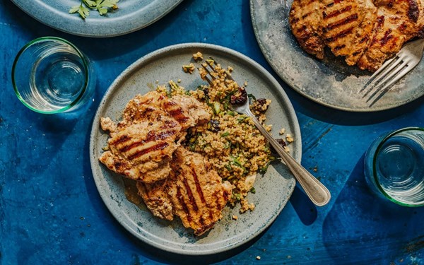 Griddled yogurt-marinated chicken with bulgur wheat and sour cherries