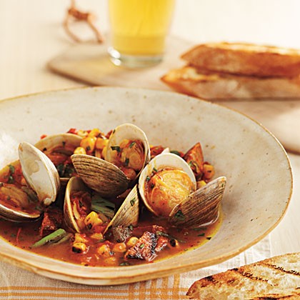 Grill-braised clams and chorizo in tomato-saffron broth