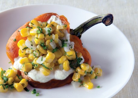 Grill-roasted peppers with goat cheese and sautéed summer corn