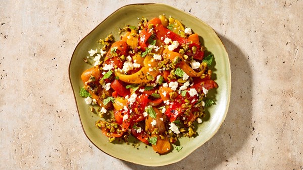 Grill-roasted sweet-and-sour peppers with feta and herbs