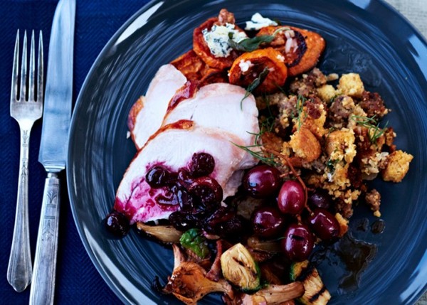 Grill-roasted turkey with red wine gravy