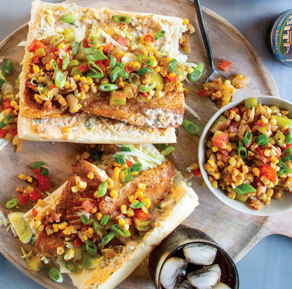 Grilled amberjack po' boys with maque choux