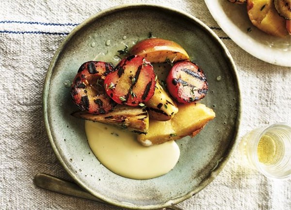 Grilled and barbecued autumn fruit with honey sabayon and thyme