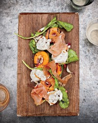 Grilled apricots with burrata, country ham and arugula