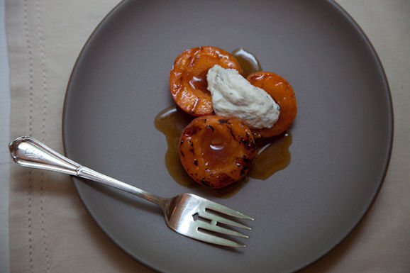 Grilled apricots with whipped ricotta, basil and sherry vinegar syrup