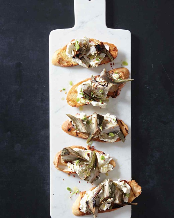 Grilled artichoke, green garlic, and goat cheese bruschetta