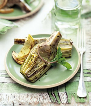 Grilled artichokes with olive oil, lemon, and mint
