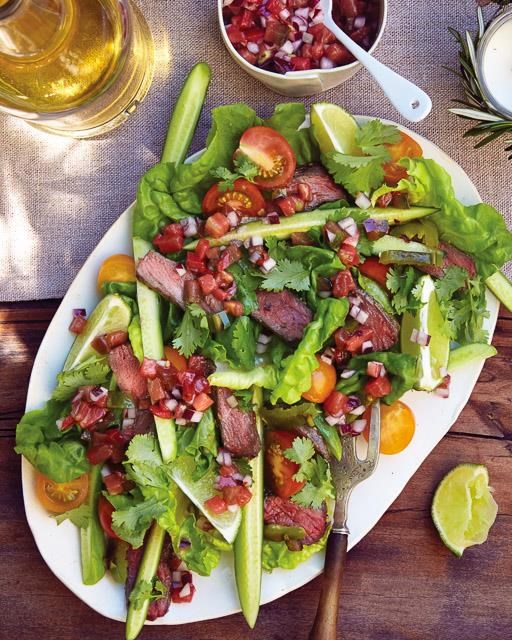 Grilled Asian beef salad with tomato and chili vinaigrette