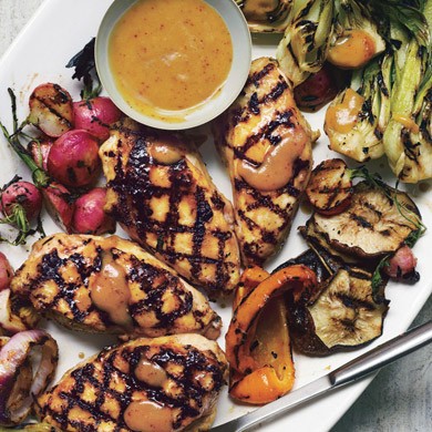 Grilled Asian chicken with bok choy, shiitake mushrooms, and radishes