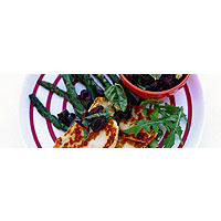 Grilled asparagus and halloumi with lemon and olive salsa
