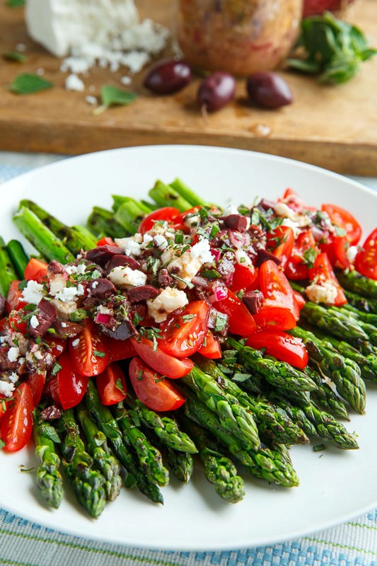 Grilled asparagus and tomatoes in a Kalamata olive and feta vinaigrette