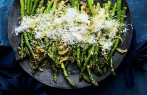 Grilled asparagus, preserved lemon and goat's cheese