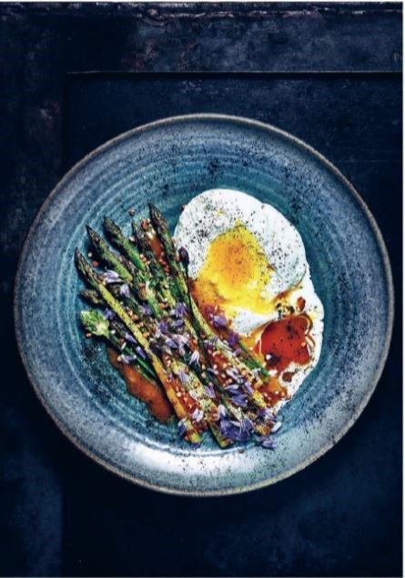 Grilled asparagus with burrata, egg yolk and kumquat sauce