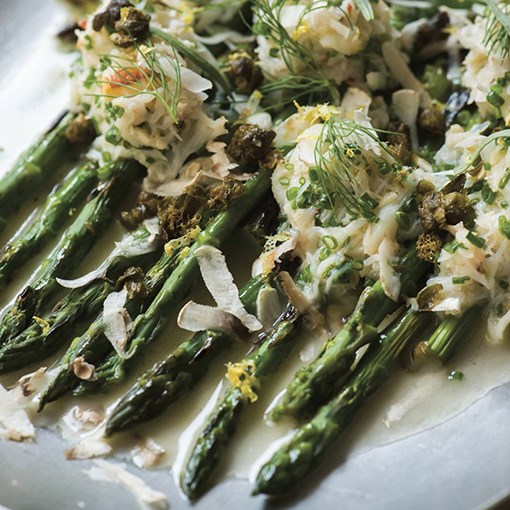 Grilled asparagus with herbed Dungeness crab and crispy capers