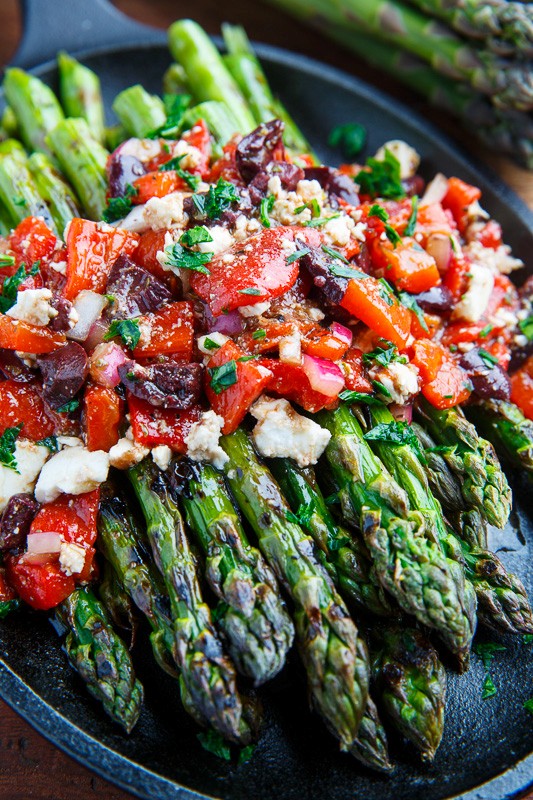 Grilled asparagus with marinated roasted red peppers, feta and Kalamata olives 