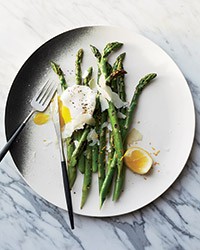 Grilled asparagus with pecorino and Meyer lemon-poached eggs