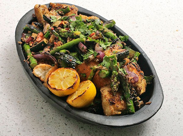 Grilled asparagus, zucchini, and bread salad with olive-caper dressing