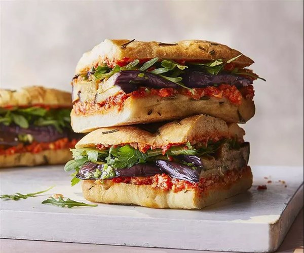 Grilled aubergine & romesco sandwiches