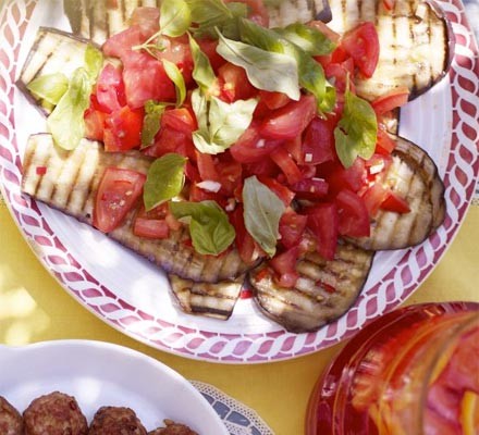 Grilled aubergine & tomato salad