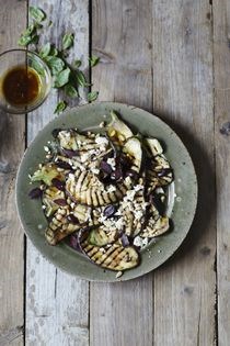 Grilled aubergine, feta, olive and mint salad