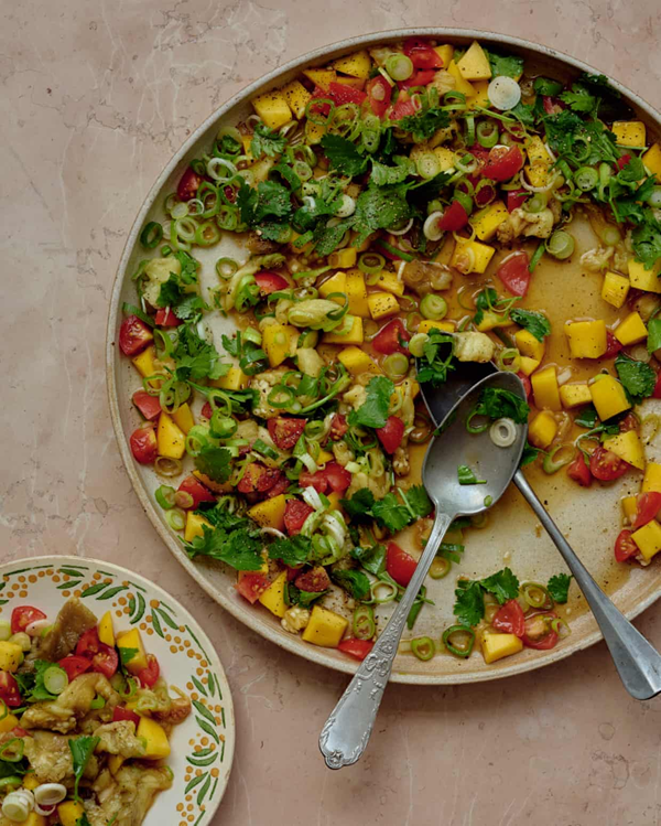Grilled aubergine, mango and tomato salad
