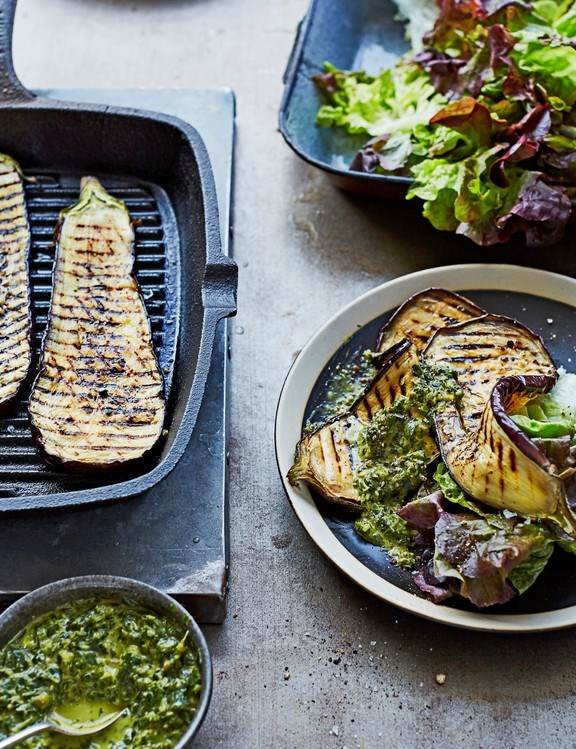 Grilled aubergine with red butterhead and salsa verde