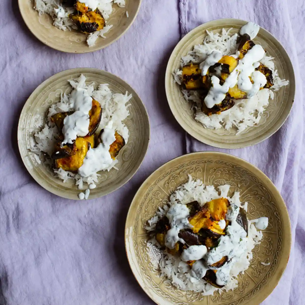 Grilled aubergines with steamed basmati and mint yoghurt