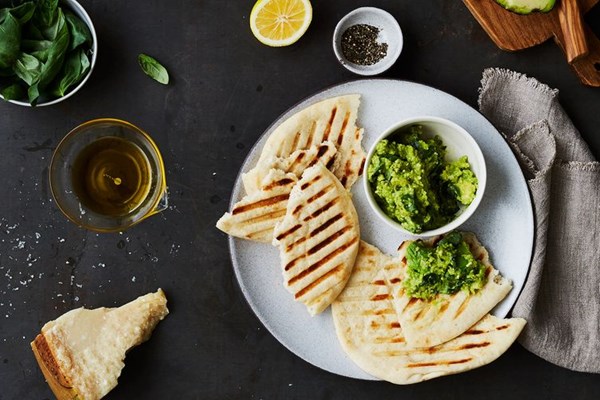 Grilled avocado "guacamole" with Parmesan and basil