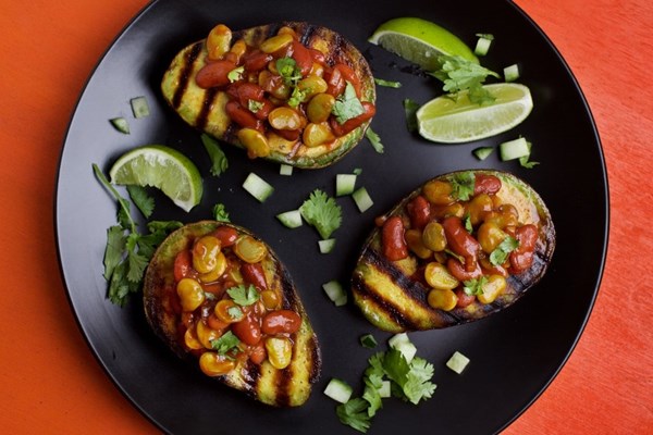 Grilled avocados with bourbon barbecue beans