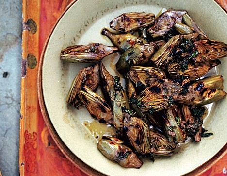 Grilled baby artichokes with caper-mint sauce