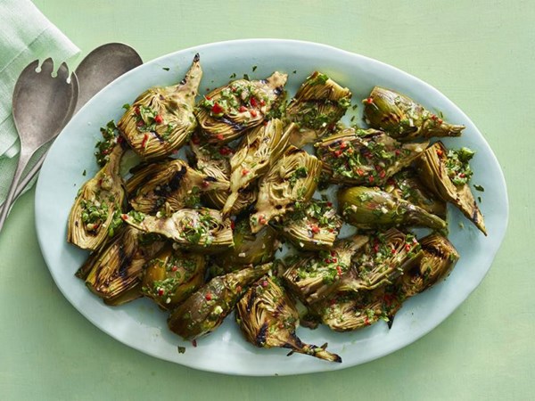 Grilled baby artichokes with mint salsa verde