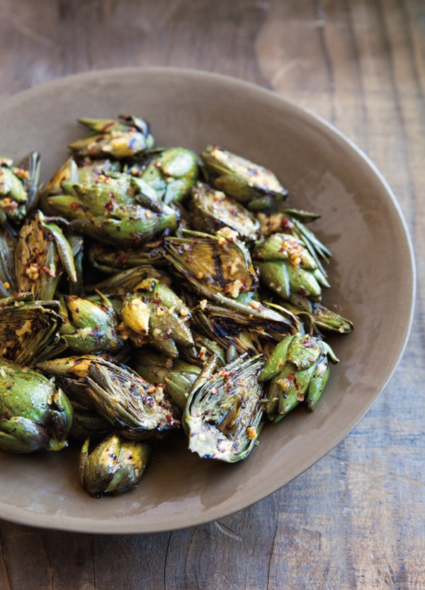 Grilled baby artichokes with spicy garlic butter