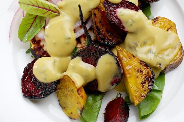Grilled baby beets with mustard sauce