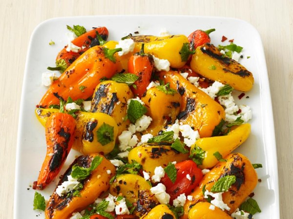 Grilled baby bell peppers with feta