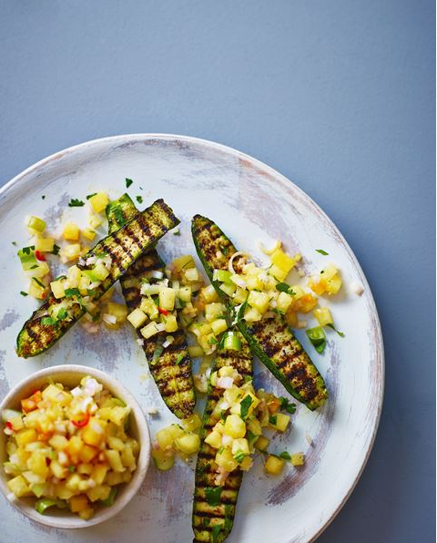 Grilled baby courgettes with pineapple salsa verde