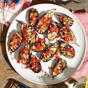 Grilled baby eggplants with green onion salsa