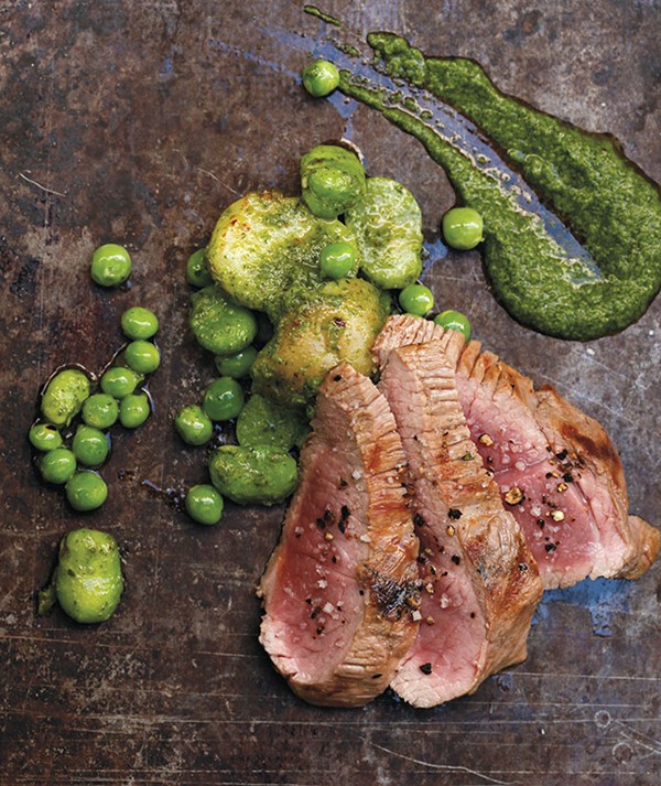 Grilled baby lamb with fava beans, sweet peas, and mint chutney