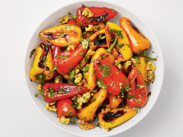 Grilled baby peppers with walnuts