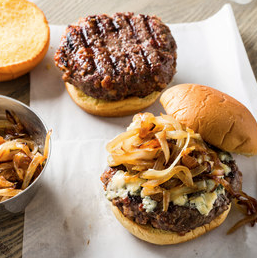 Grilled bacon burgers with caramelized onion