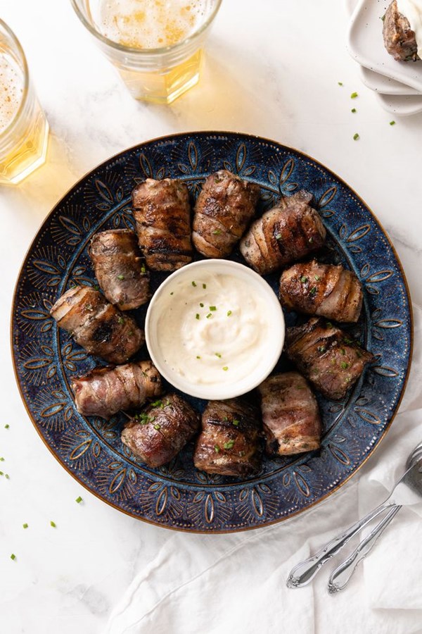Grilled bacon-wrapped salmon bites with lemon garlic mayo